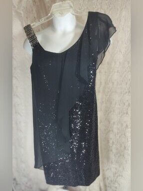 Betsy & Adam Black One-Shoulder Sequin & Chiffon Dress